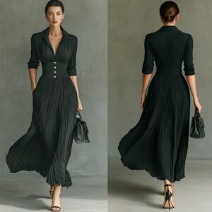 ✨ NWT Modesees Pleated Lapel Waist Long Sleeve Maxi Dress ✨